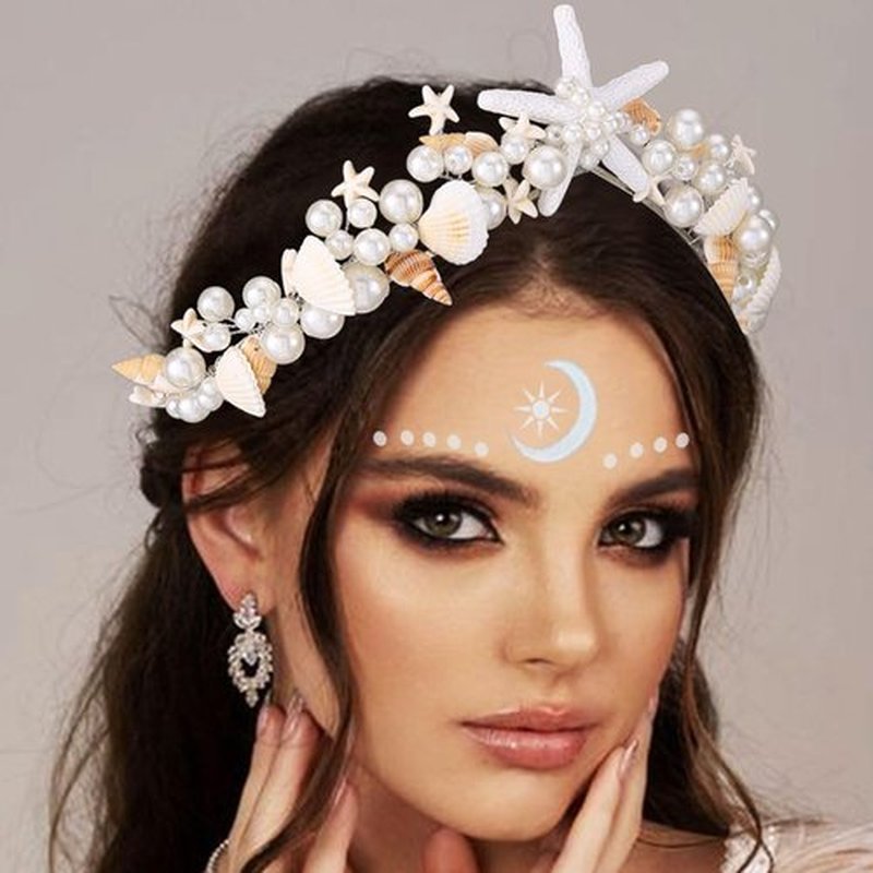 BARTOSI Mermaid Crown Starfish Tiara Pearl Shell Bride Wedding Headband Costume Hair Accessories for Women