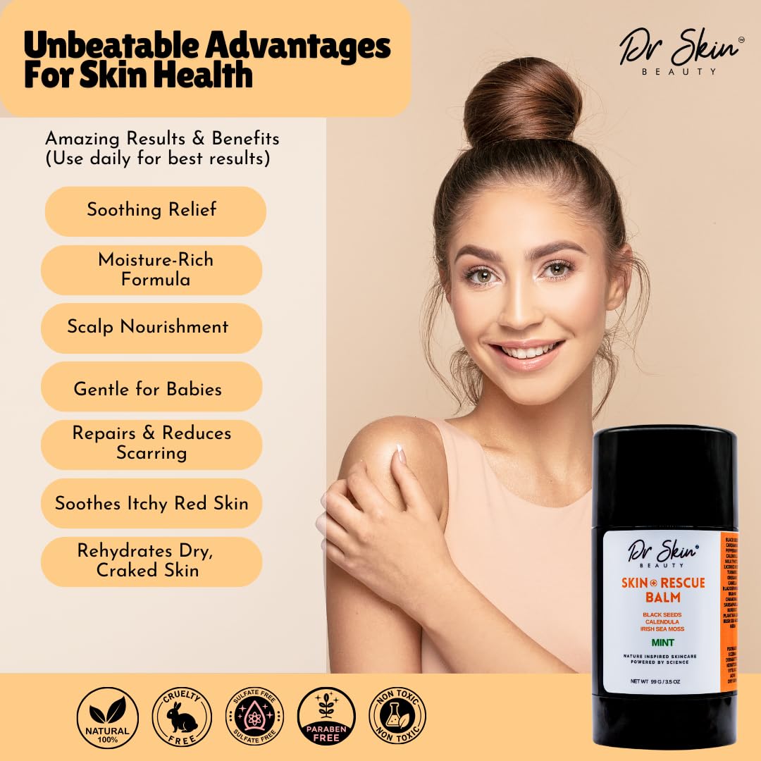 Dr. Skin Mint Rescue Balm - Plant Based Skin Moisturizer with 17+ Herbs Including Irish Sea Moss - Natural Recovery for Dry, Rough Areas - Repair Cracked Heels & Calms Irritation - 3.5oz