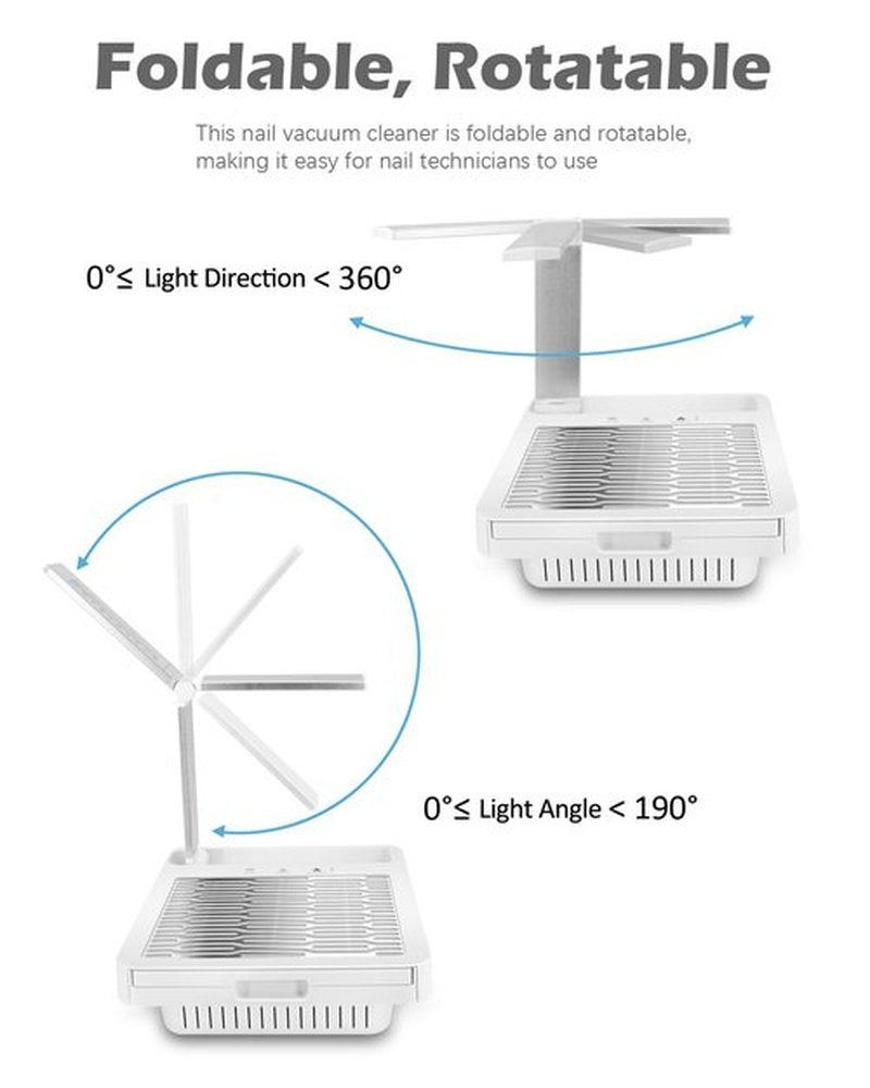 Nail Dust Collector with Lamp, Professional Nail Vacuum Dust Collector Suction Extractor Fan Manicure Machine for Acrylic Nail Gels Dip Removal, White