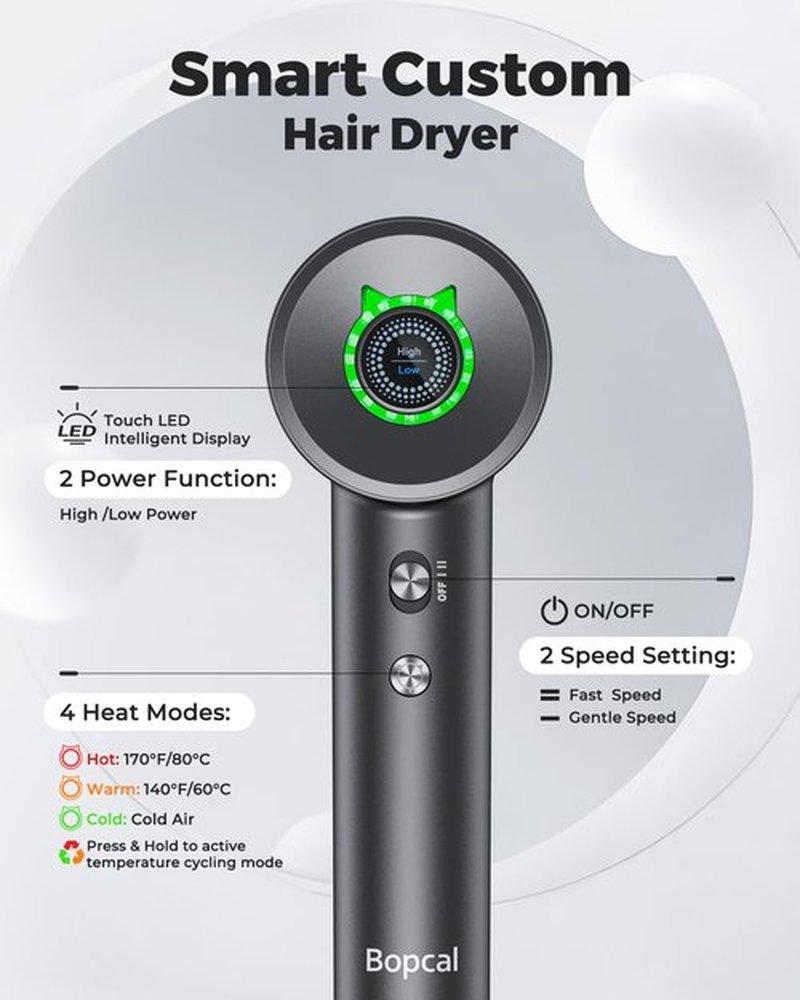 Bopcal Ionic Hair Dryer, 160000 RPM Brushless Motor, Smart Thermo-Control, Negative Ion Fast Drying, Quiet Lightweight Blow Dryer, Cold Air & 4 Heat Settings, for Home Travel Salon, Black