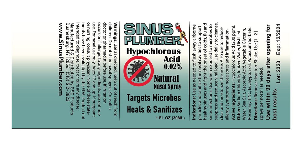 Sinus Plumber Antimicrobial Nasal Spray Removes Bacteria with Electrolyzed Water and Hypochlorous Acid