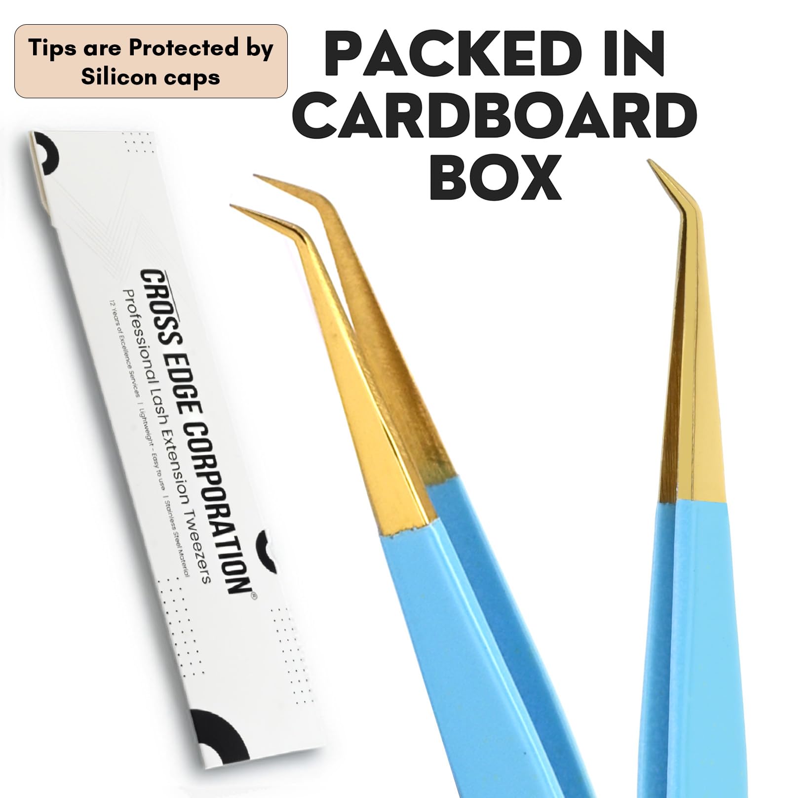 Cross Edge Corporation Lash Extension Tweezers 14cm — Curved Isolation Tip for Classic Lashes & Individual Lash Work | Lightweight Stainless Steel | Blue & Green with Gold Tip Finish