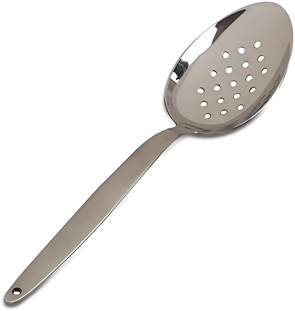 BNAZIND Chef Kunz Perforated Spoon | 9 Inch Silver 18/10 Stainless Steel Plating, Basting, Quenelle, Plating Spoon for Draining and Serving, Dishwasher Safe (Perforated)