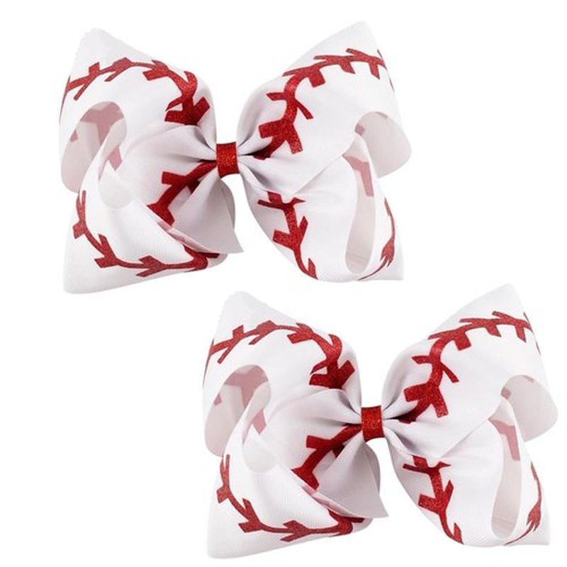 Glitter Sequin 4.5 Inch Grosgrain Ribbon Hair Clips with Baseball and Cheerleading Bows - 2PCS Alligator Clips for Girls and Toddlers