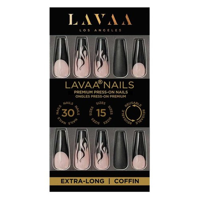 SLAYED Press-On Nails by Lavaa Beauty | Extra-Long Coffin | Black Flame Nail Tips