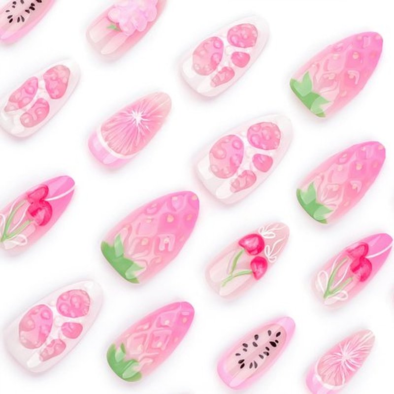 Handmade Press on Nails Pink Fake Nails with Cherry Oranges Strawberry 3D Designs 24 Pcs Medium Almonds Reusable Acrylic Nail Full Cover Stick on Nail for Summer Women No Glue WYFHDT