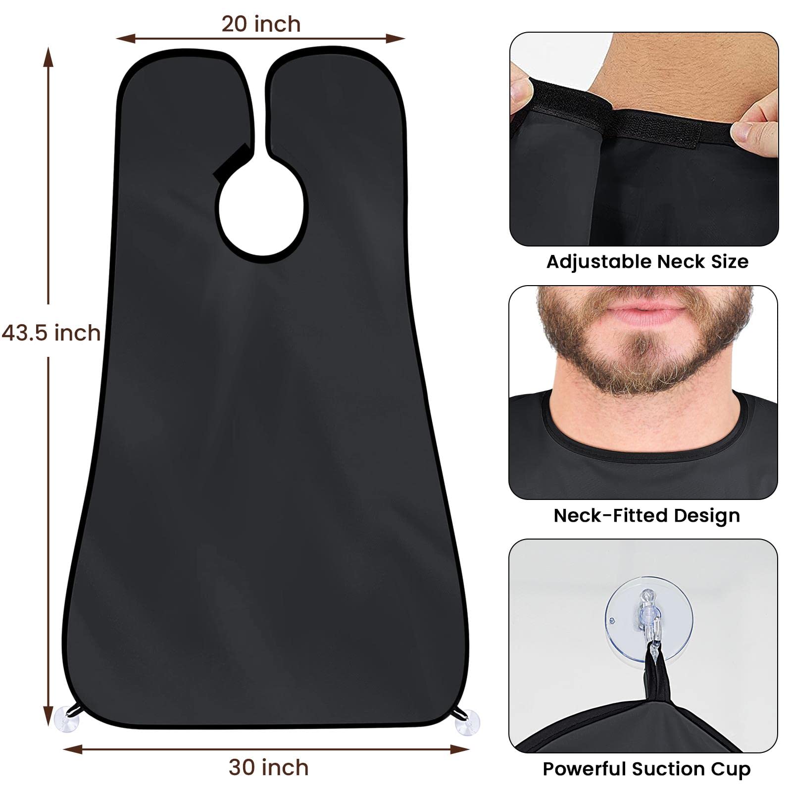 Beard Bib Apron, Stocking Stuffers Christmas White Elephant Gifts for Men Adults Dad Husband, Beard Hair Catcher for Sink, Non-Stick Beard Cape with 3 Suction Cups, Grooming Accessories(Black)