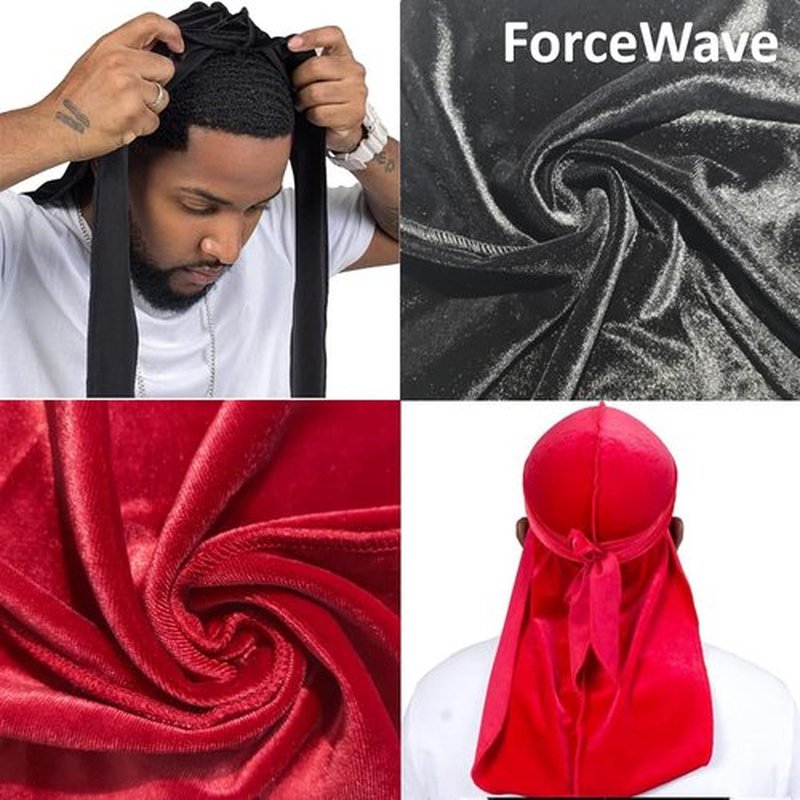 ForceWave Velvet Durags for Men Premium Du Rags Pack of 4 for Men Women with Long Tail and Wide Strap (Black Red Blue Green)