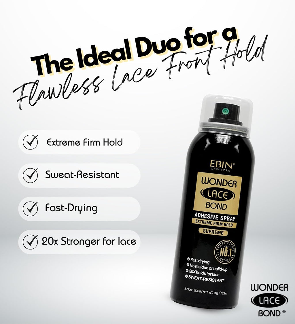 Wonder Lace Bond Adhesive Spray Supreme 2.7 Oz by EBIN NEW YORK – Quick-Dry & Sweat-Resistant – Clear Wig Glue for Front Lace Wig Application – Gift Set (2 Pack)