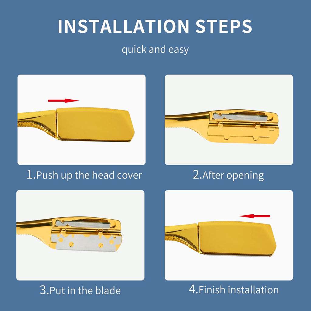 Barber Razor Professional Straight for Men: Stainless Steel Razor Close Shaving Safety Straight Edge Razor for Barbershop Salons Home Hairdressing Use (Gold)