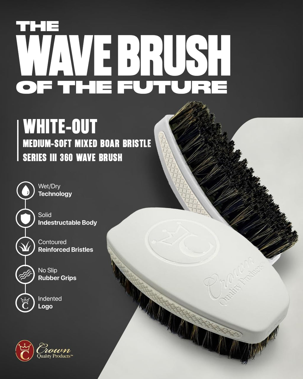 New WHITE-OUT Premium Wave Brush - MEDIUM SOFT- Boar Bristle Hairbrush, Non-Slip Grips, Waterproof Design, Indestructible body, Satin Finish, Debossed Logo - The Ultimate Curved 360 Wave Brush