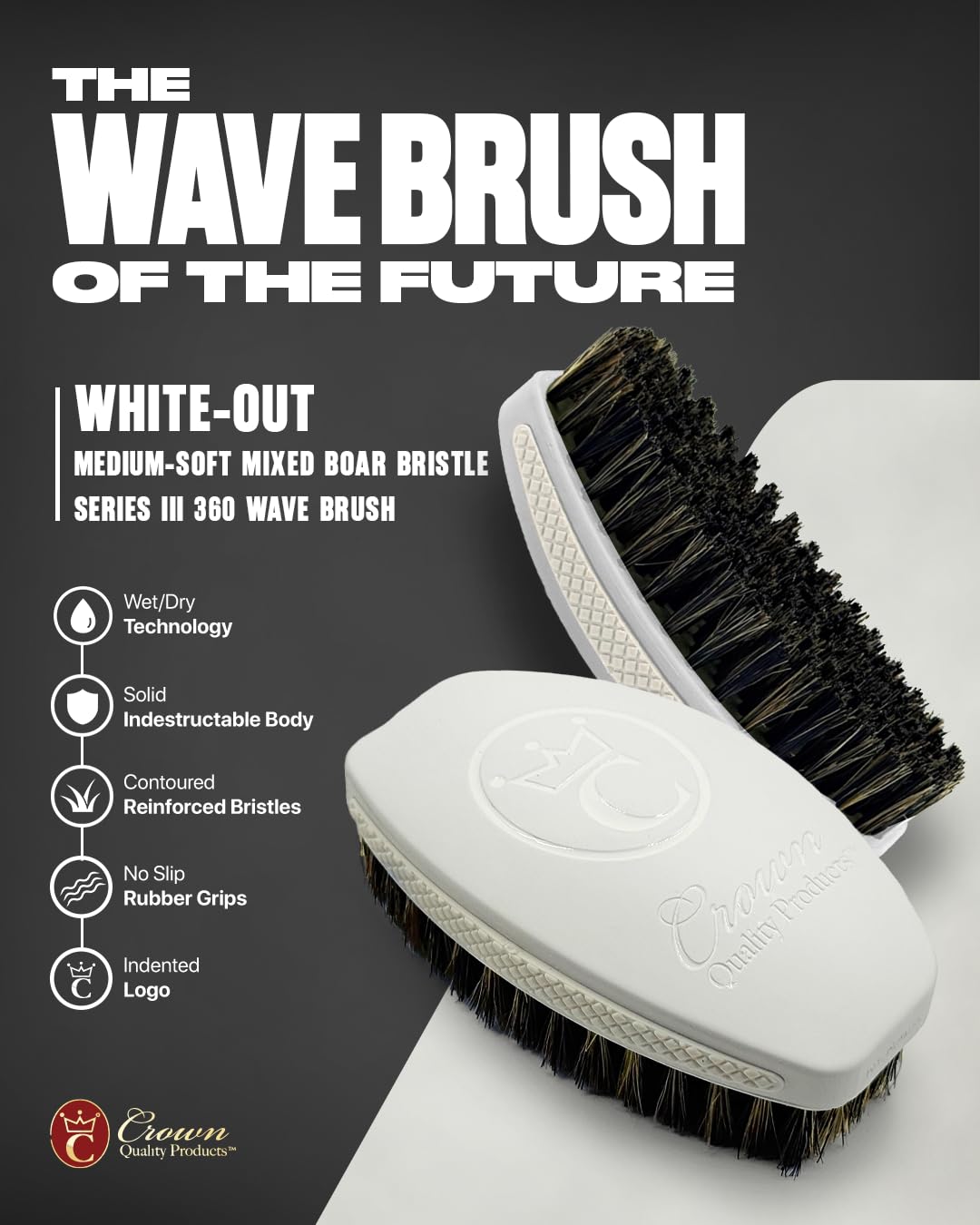 New WHITE-OUT Premium Wave Brush - MEDIUM SOFT- Boar Bristle Hairbrush, Non-Slip Grips, Waterproof Design, Indestructible body, Satin Finish, Debossed Logo - The Ultimate Curved 360 Wave Brush