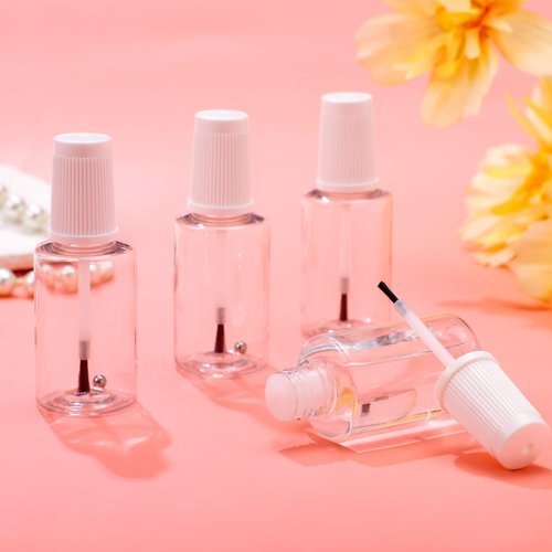 Irenare 20 Pcs 20ml Refillable Empty Nail Polish Bottles Plastic Nail Polish Container Empty Bottle with Mixing Marble Conservation Insert Brush Top, Clear
