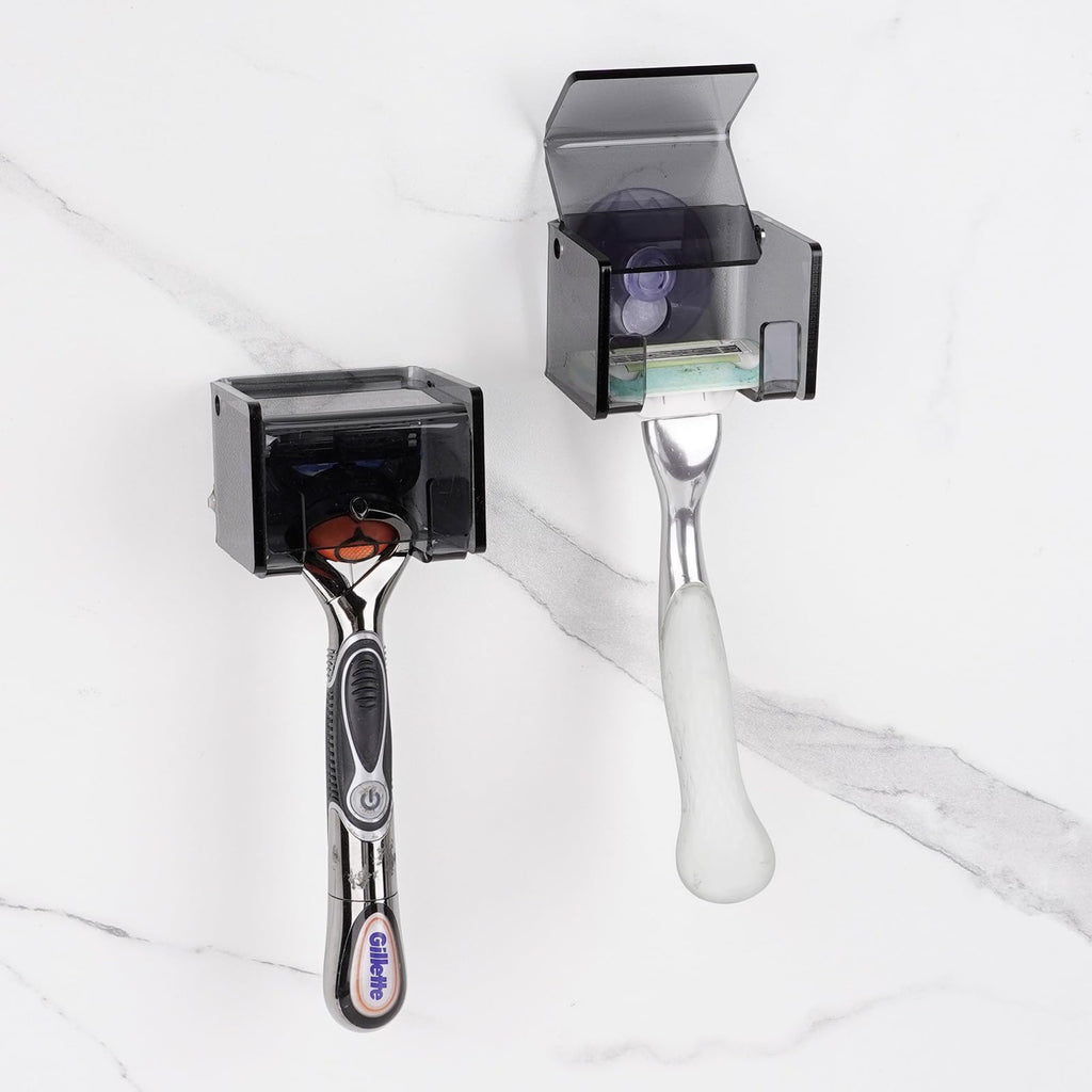 2 Pack Acrylic Razor Holder with Cover for Shower, Wall Mounted Razor Shaver Organizer with Suction Cup, Razor Hanger Rack Compatible with Gillette Fusion 5 Proglide, Mach 3 Classic (Gray Clear)