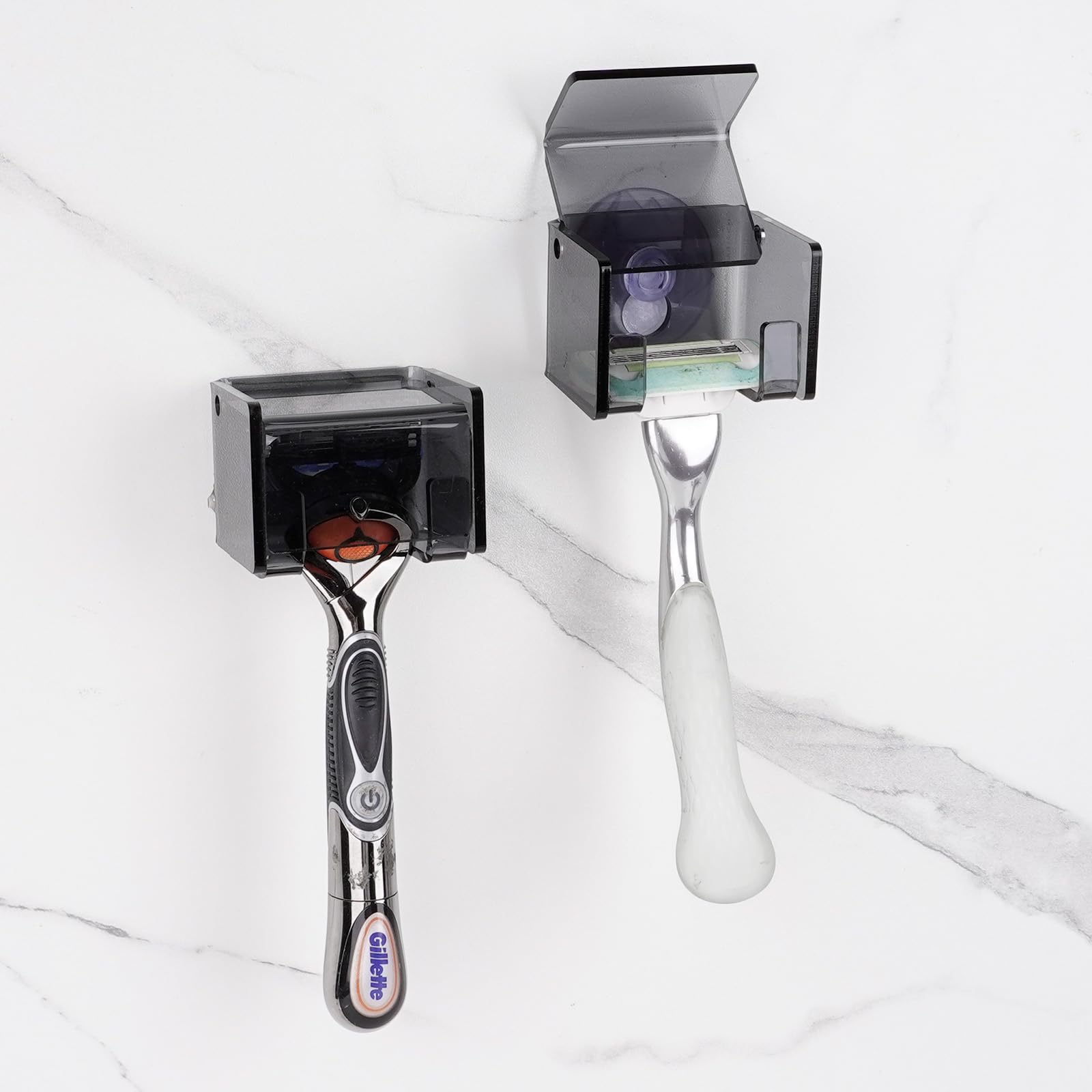 2 Pack Acrylic Razor Holder with Cover for Shower, Wall Mounted Razor Shaver Organizer with Suction Cup, Razor Hanger Rack Compatible with Gillette Fusion 5 Proglide, Mach 3 Classic (Gray Clear)