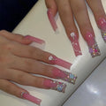 24Pcs Square Press on Nails Long Length Fake Nails Glossy False Nails With 3D Flowers Rhinestones Designs Full Cover Stick on Nails Acrylic Extra Long Artificial Nails for Women Girls Glue on Nails