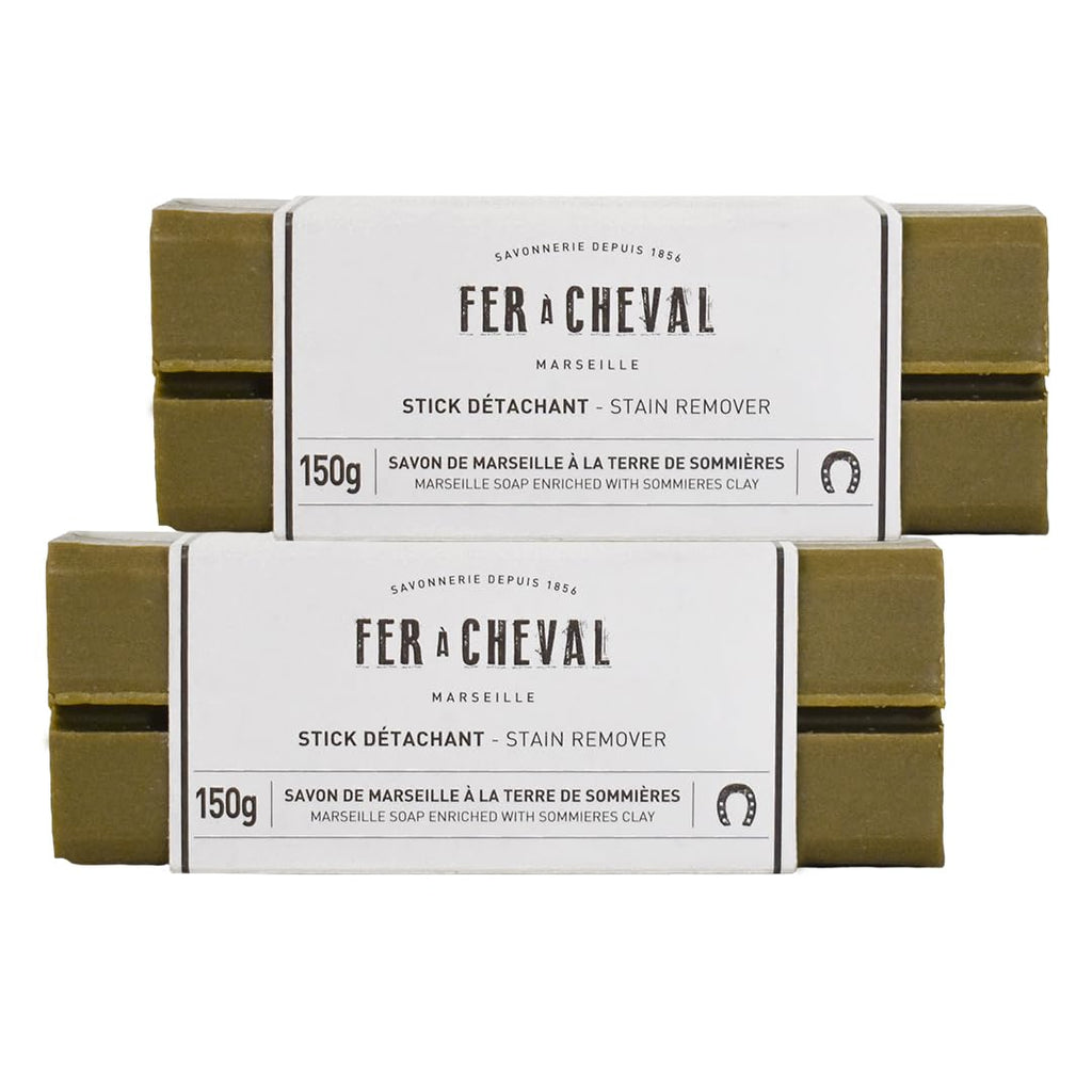 Fer à Cheval Marseille Soap Stain Remover Stick 2 Pack - Natural, Hypoallergenic, Travel-Sized Laundry Solution, 150g/5.29oz (Stick with Sommières Clay)