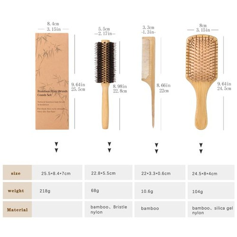 MenGate 3Pcs Bamboo Hair Brush Set for Hair Growth, Bamboo Paddle Detangling Hairbrush Board Bristles Round Brush Wooden Rat Tail Comb for Women Men and Kids Massage Scalp