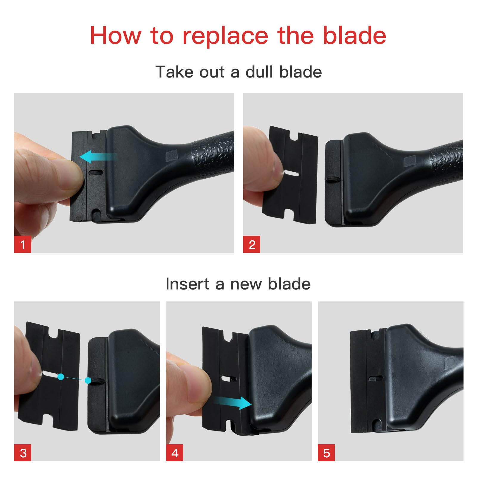 NEWISHTOOL 2 Pcs Long Handle Plastic Razor Blade Scraper With 100 PCS Spare Replacement Blades, Sticker Remover Glue Residue Tool for Hard to Reach Corner
