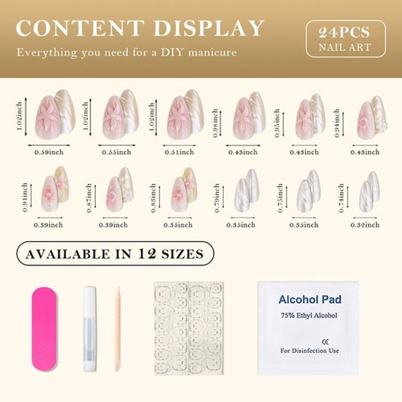 evpct 3D Pearl Pink Green Handmade Press On Nails Almond Medium, 3D Flower Design Fake Nails Rusable for Spring & Summer Daily Wear, False Acrylic Nail with Kits Press ons Nail for Women Gift, 24Pcs