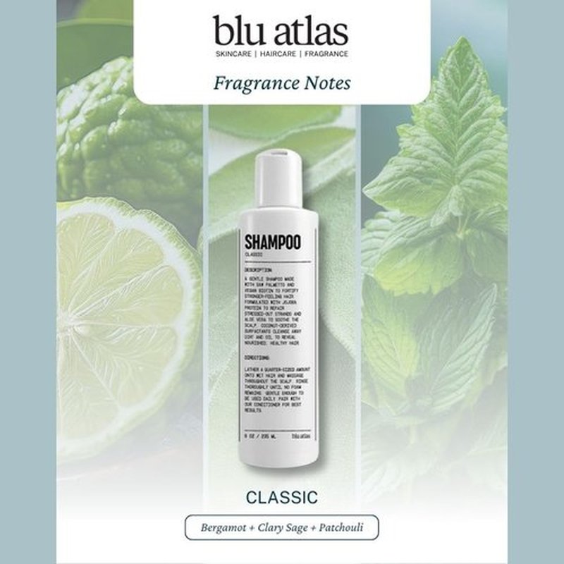 Blu Atlas Men's Natural Shampoo - Organic, Sulfate-Free & Paraben-Free - Deep Cleansing & Hydrating - Classic Bergamot, Sage & Patchouli Scent - 8 oz