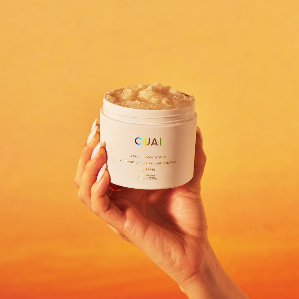 OUAI Scalp & Body Scrub, St. Barts Travel Size - With Sugar & Coconut Oil Blend for Smooth Moisturized Skin - Gentle Scalp Scrub for Removing Product Build Up (3.4 Oz)