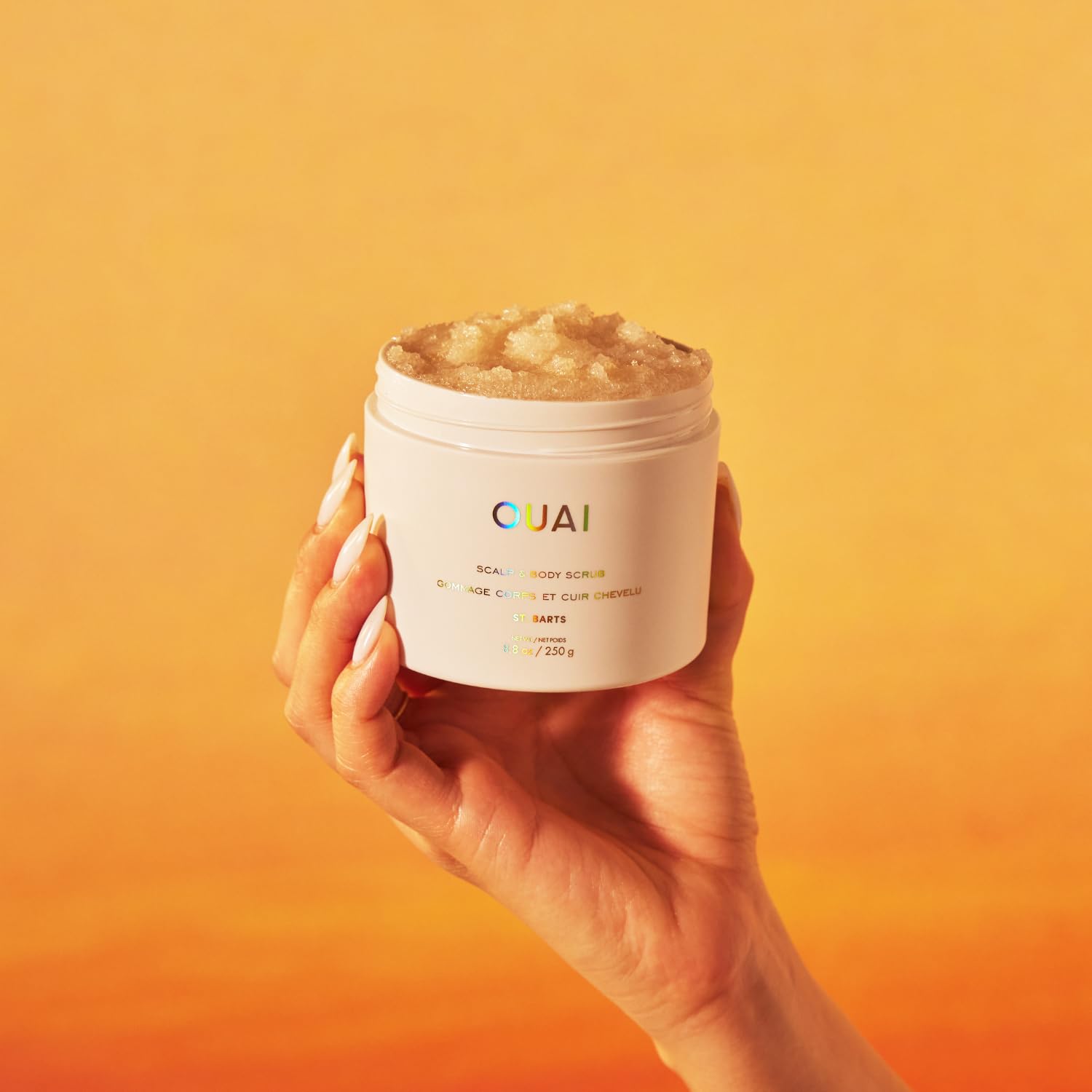 OUAI Scalp & Body Scrub, St. Barts Travel Size - With Sugar & Coconut Oil Blend for Smooth Moisturized Skin - Gentle Scalp Scrub for Removing Product Build Up (3.4 Oz)