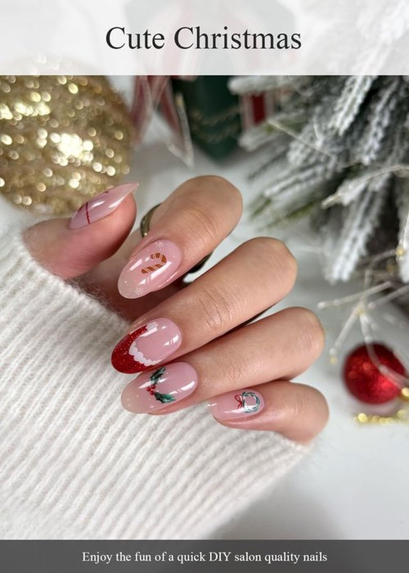 AutyaMee Semi Cured Gel Nail Strips (Cute Christmas), Red Santa Hat, 20 Pcs Gel Nail Wraps, Stickers, Wreath, Snowflake, Candy Cane, Works with Any UV Lamps
