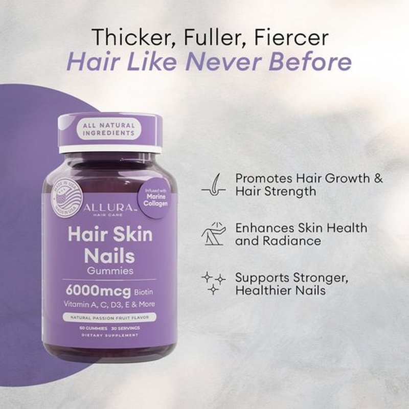 Skiennix Hair Skin and Nails Vitamins - Extra Strength 6000mcg Biotin Gummies with Marine Collagen | 60ct Passion Fruit for Healthy Hair, Skin & Nails