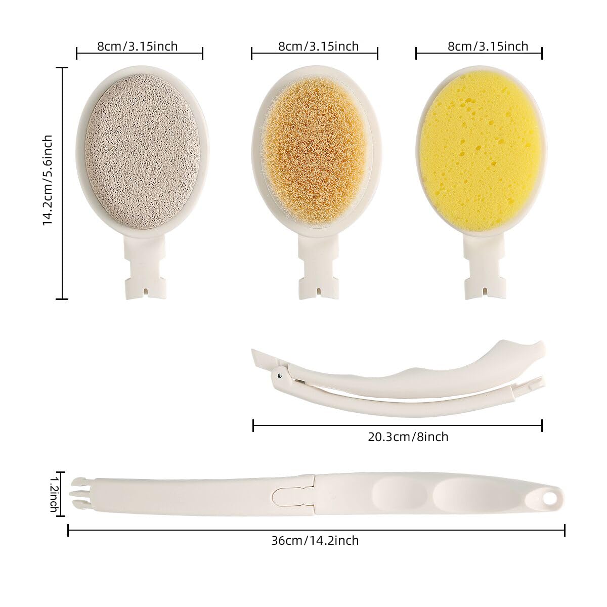 LFJ 19" Long Handle Shower Sponge Brush Set, 3 in 1 Body Brush, Bath Sponge and Lotion Applicator Improved Skin Health, Suitable for Men and Women (White Brush with pumice-1P)