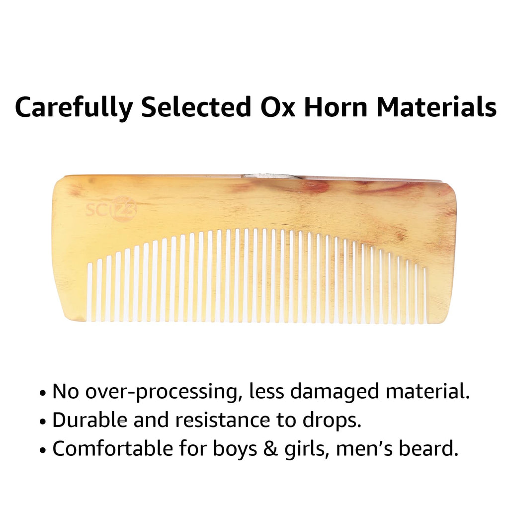 SC123 Untreated 4.7 inch Real Ox Horn Hair or Beard Mustache, Birth Labor Comb, Handmade Fine Tooth Small Pocket Travel, Anti-static, Detangling, Massage, Scalp Gua sha for Women, Men