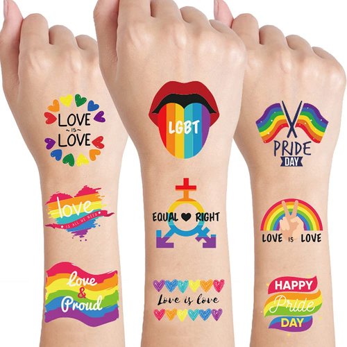 HAOYAN 10 Sheets LGBT Pride Day Temporary Tattoo Sticker Rainbow Pattern Love Is Love Flash Waterproof Fashion Body Art Men Women Child