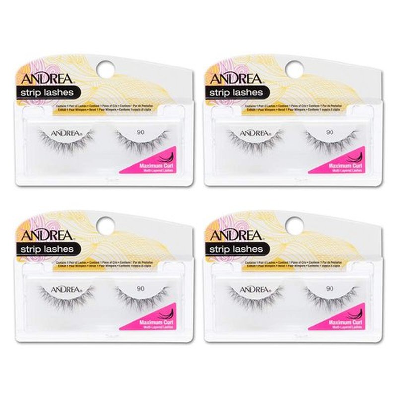 Andrea Curl Natural False Lashes Style 90 – Black, Lightweight, Natural Strip Lashes for Voluminous Curl, 4 Pack