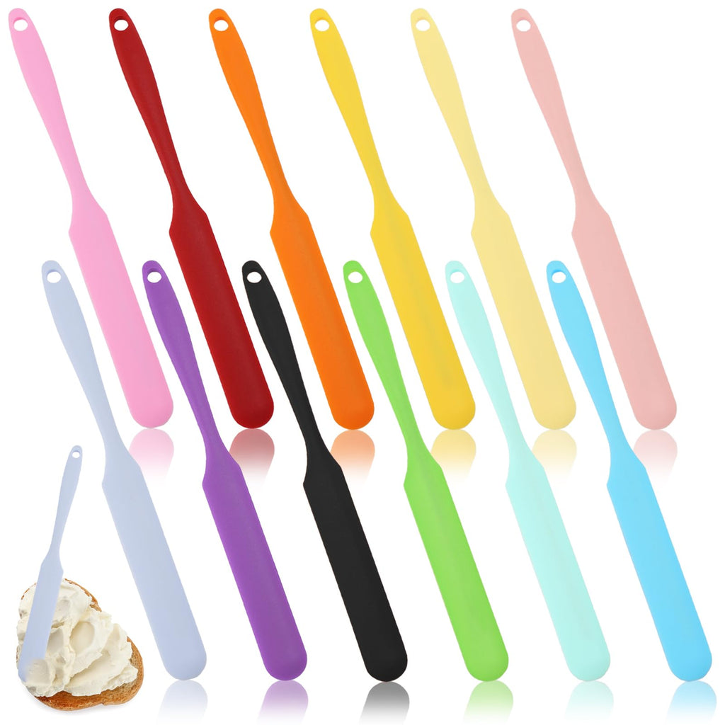 Nagpew 12 Pieces Silicone Jar Spatula, Heat-resistant Jar Scraper Bulk with Long Handle, 9.4 Inch Non-stick Cream Jam Spreader Narrow Kitchen Gadget for Butter, Cake, Blender, Dough