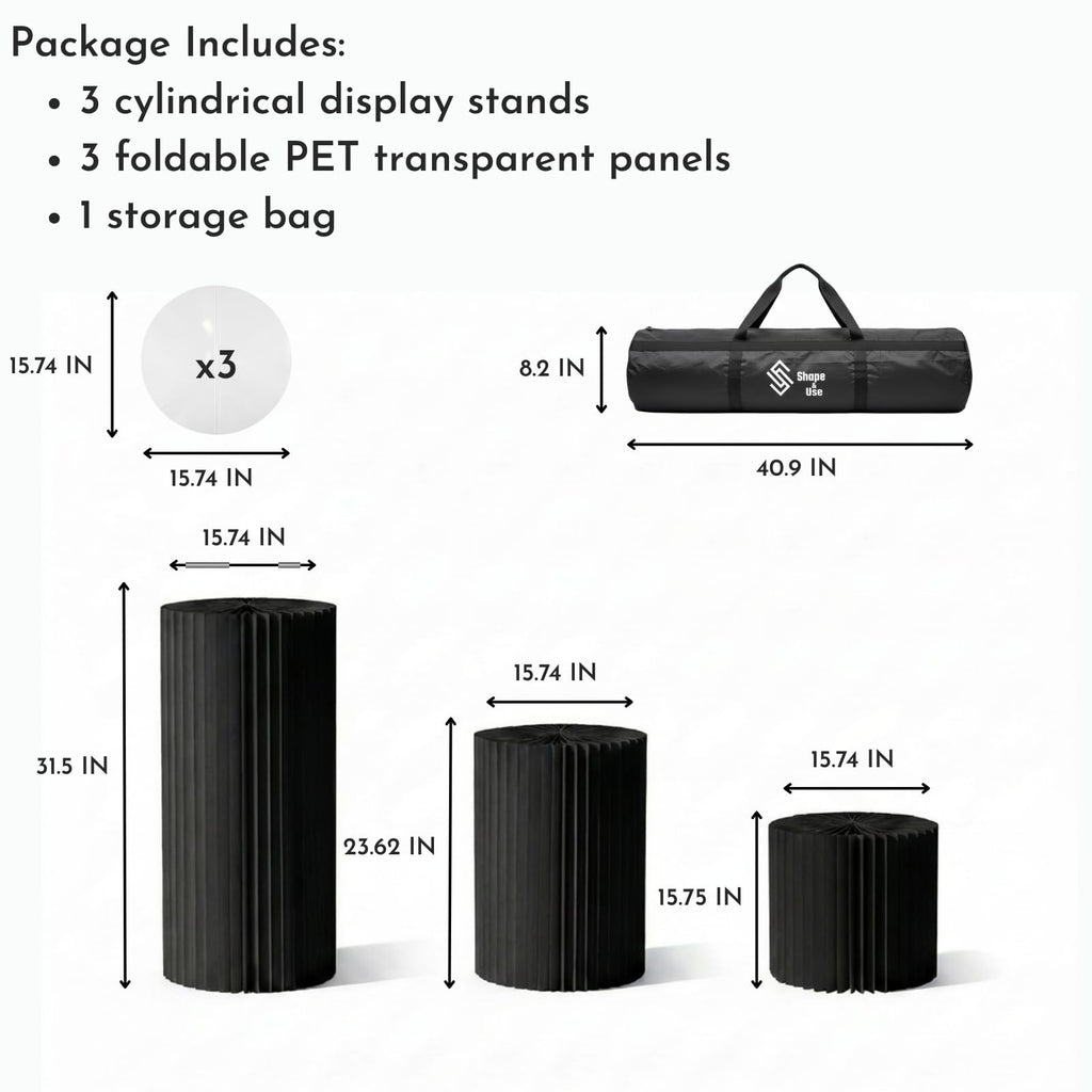 Cylinder Stands for Party, Shape&Use 3PCS Round Black Pedestal Display Stands, Foldable Cardboard Columns for Wedding, Birthday, Anniversary Decor, 15.7in Dia. (15.7/23.6/31.5in H) with Storage Bag