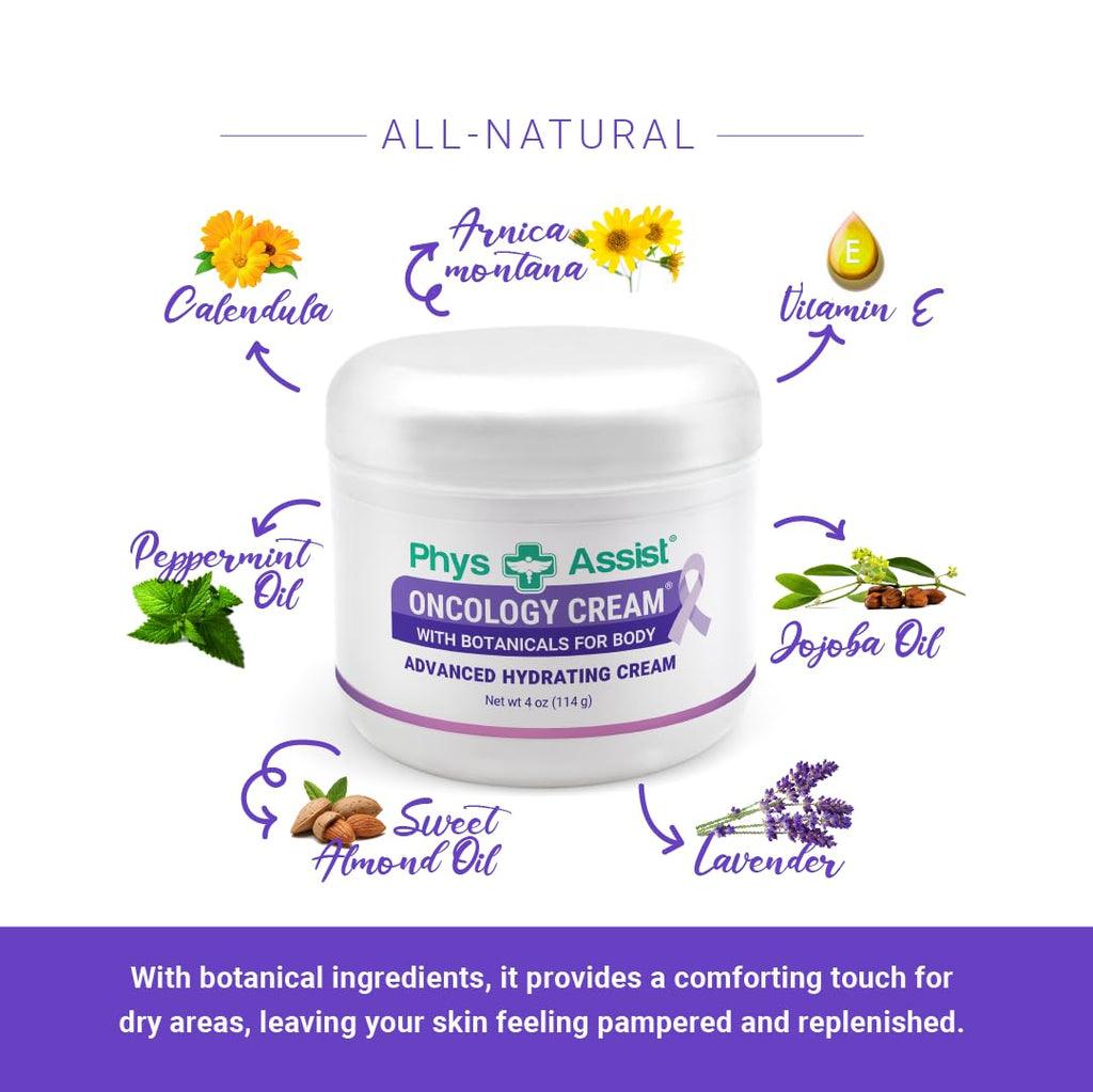 PhysAssist - Oncology Body Cream with Botanicals, 4 oz. Soothing and Hydrating to Stressed Skin. Made with Oils of Lavender, Calendula, and Peppermint. Non-Irritant, Clinically Tested.