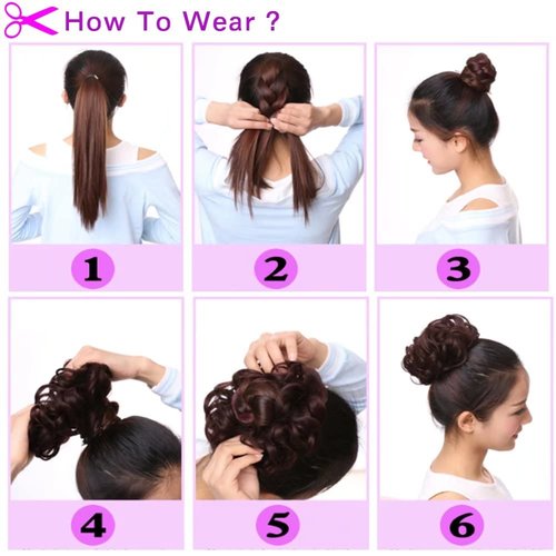 iLUU Dark Brown Highlight with Hot Pink Messy Fake Hair Bun Extensions Instant Synthetic Chignons Hair Scrunchie Scrunchy Updo Hairpiece Ponytail for Women, 2pcs/pack