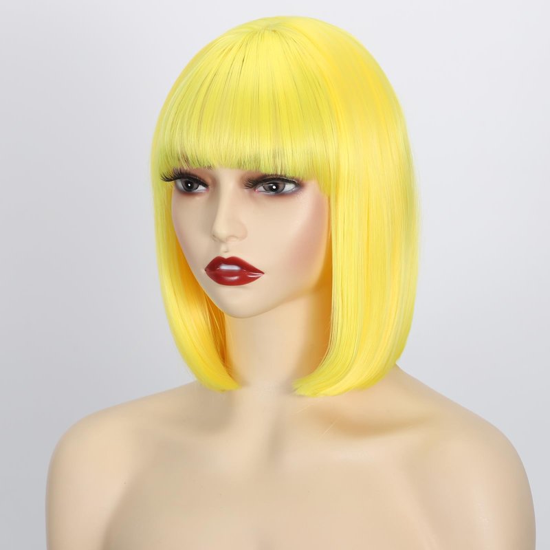 Yellow Short Bob Wig with Bangs, Synthetic Straight Hair Wigs for Women, 14 Inch Cosplay Costume Bob Wig (Yellow)