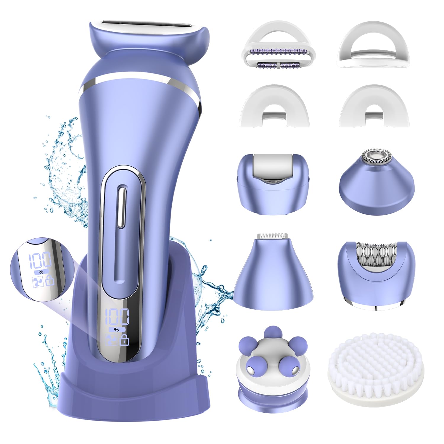 Electric Shavers for Women, 7 in 1 Hair Removal Kit with Epilator Bikini Trimmer Face Razor Body Brush Face Massager Foot Callus Remover, IPX7 Waterproof Lady Razors Set for Legs Armpit Bikini Pubic