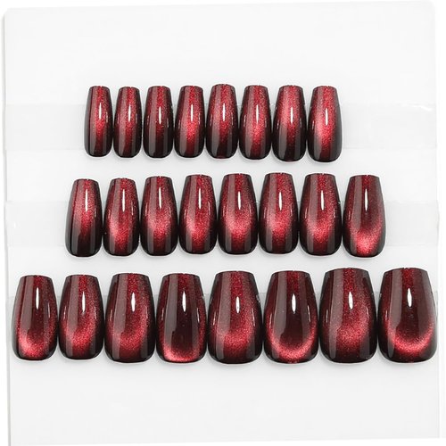 Medium Coffin Press on Nails, Wine Red Cat Eye Press on Nails, Fashion Gel Fake Nails, Reusable Acrylic Fake Nails, Glossy Stick on Nails for Women Gift, Glue on Nails Kit 24 Pcs, Midnight Blaze