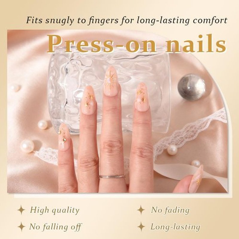 3D Nude Press on Nails Medium Almond with Bohemian Design, Nude Nail + Gold Star Glossy Stick on Nails for Women with Kit, Reusable Soft Gel Stick on Fake Nail with 3D Gold Stars Designs Perfectly Fit