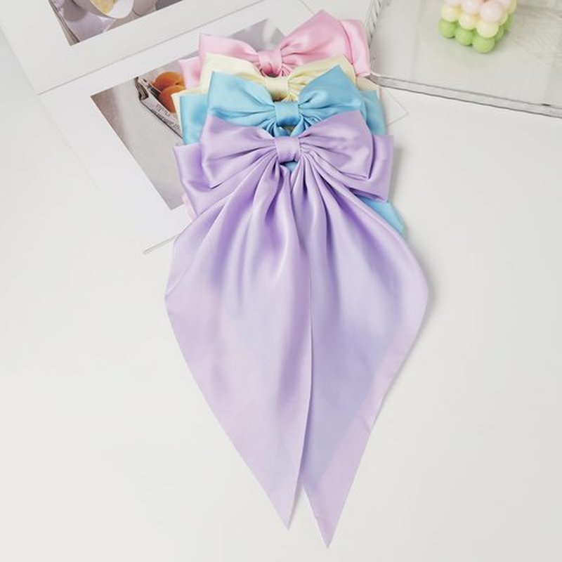 JGQUR Pastel Satin Bows Hair Accessories 4PCS - Long-Tail Bow Clips for Women, Sky Blue Lilac Light Pink Beige - Stylish Hair Barrettes for Spring and Casual Looks