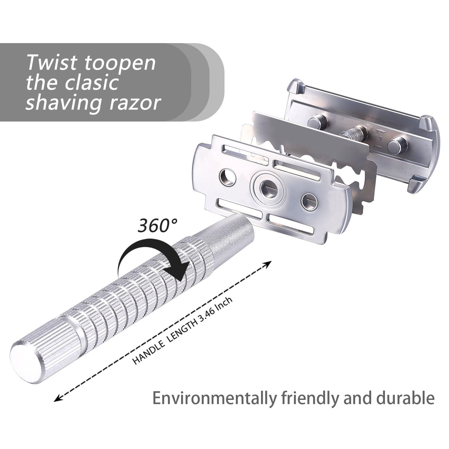Men's and Women's Manual Razor Safety Razor with 10 Double Edge Blades, Double Edge Razor, Reusable Razor Kit, Eco-Friendly, Smooth Close Shave, Plastic-Free (Silver + base)