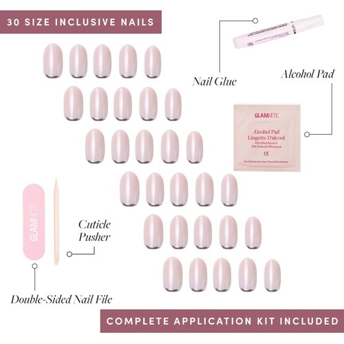 Glamnetic Press On Nails - Silver Belle | Short Round Natural Base with 3D Silver Foil | 30 Nail Kit with Glue, 12 Sizes