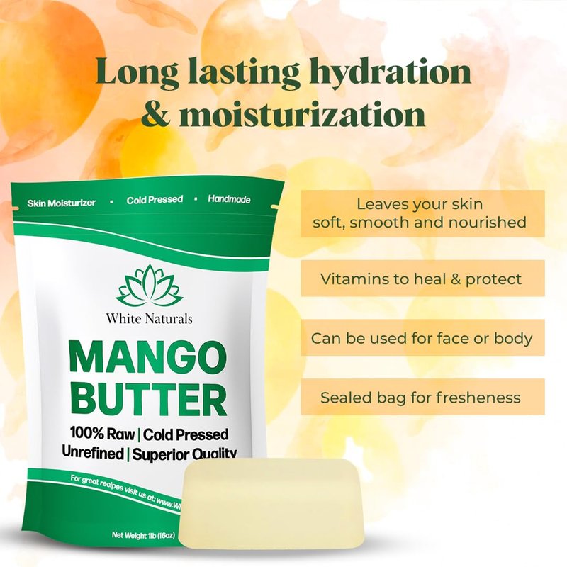 White Naturals Unrefined Mango Butter 8 oz Raw, Natural, Pure, Grade A Moisturizer, Use Alone or in DIY Whipped Body Butters, Soap & Lotions Making, Lip Balm and More!