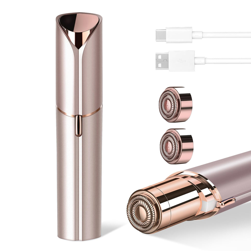 Facial Hair Removal for Women, Portable Painless Hair Remover Device, Rechargeable, with 2 Replacement Heads, for Face, Upper Lip and Chin (Rose god)