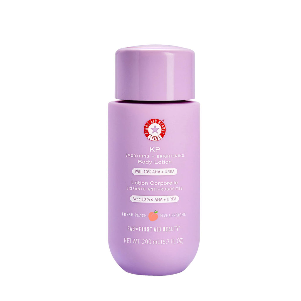 First Aid Beauty KP Smoothing + Brightening Body Lotion, 10% AHA with Lactic Acid, Urea & Colloidal Oatmeal, Exfoliate & Moisturize Keratosis Pilaris Bumps, Peach Scent, 6.7 fl oz