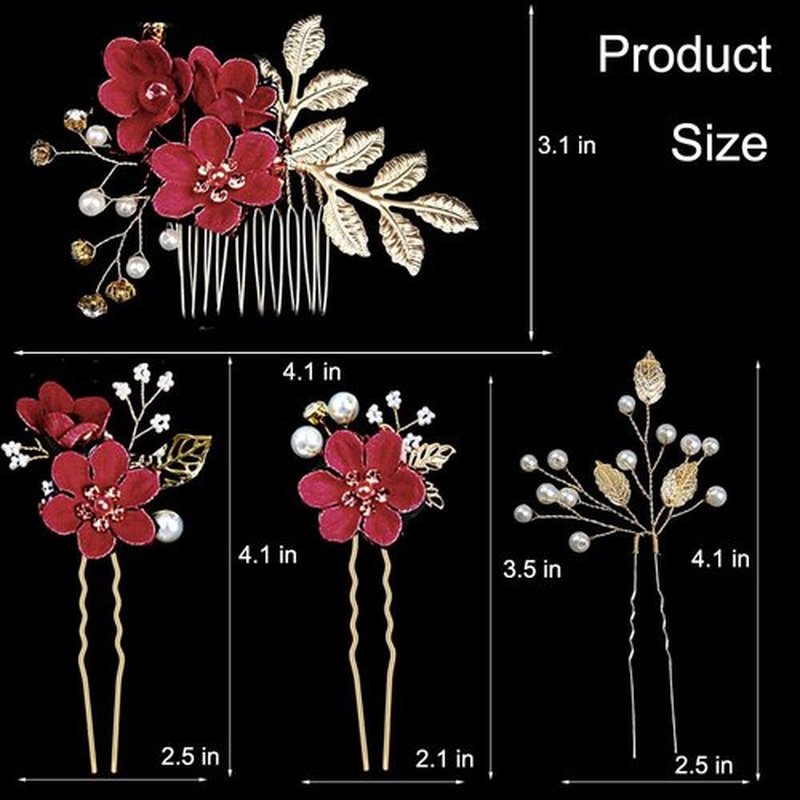 4 PCS Bridal Hair Pins with Crystal Pearl, Rhinestone Updo Headpiece for Brides, Bridesmaids, and Women - Gold Wedding Jewelry Accessories(Red)