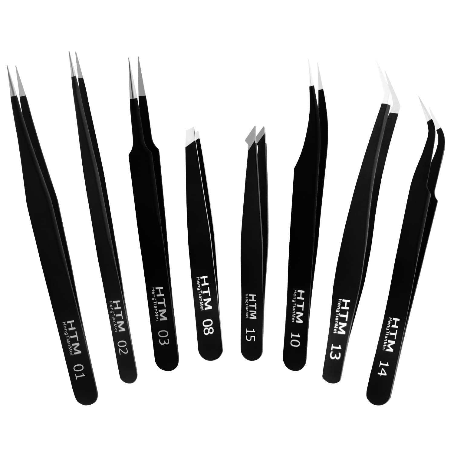 HengTianMei 8Pcs lash tweezers 3 Stainless Straight and 3 Curved Tip Eyelash Tweezers, With 2 Slant Pointed Precision Eyebrows Tweezers for eyelash extensions, Facial Hair, and Ingrown Hair Removal