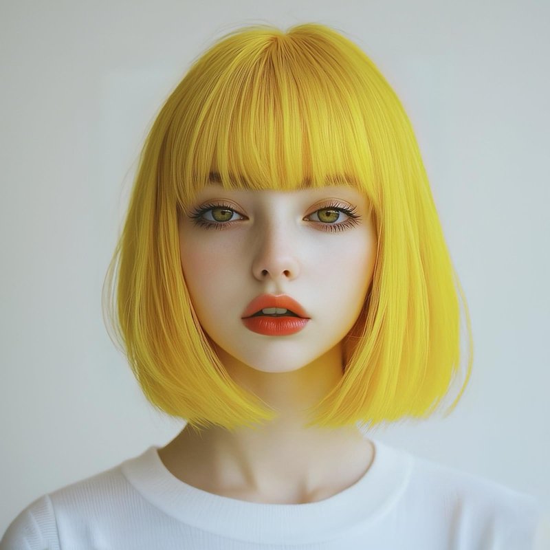 Yellow Short Bob Wig with Bangs, Synthetic Straight Hair Wigs for Women, 14 Inch Cosplay Costume Bob Wig (Yellow)